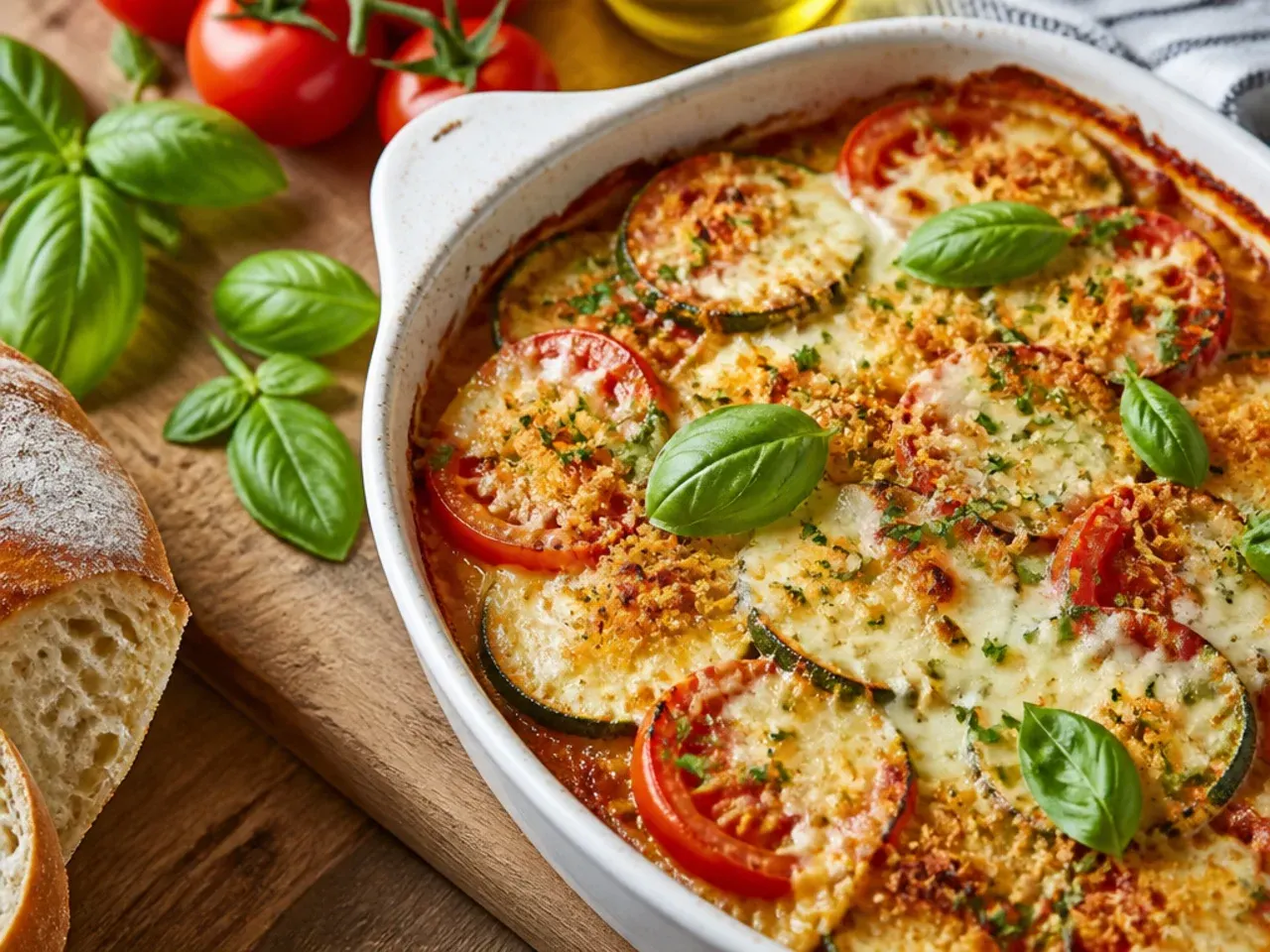 Best-ever cheesy zucchini and tomato gratin sliced to show layers