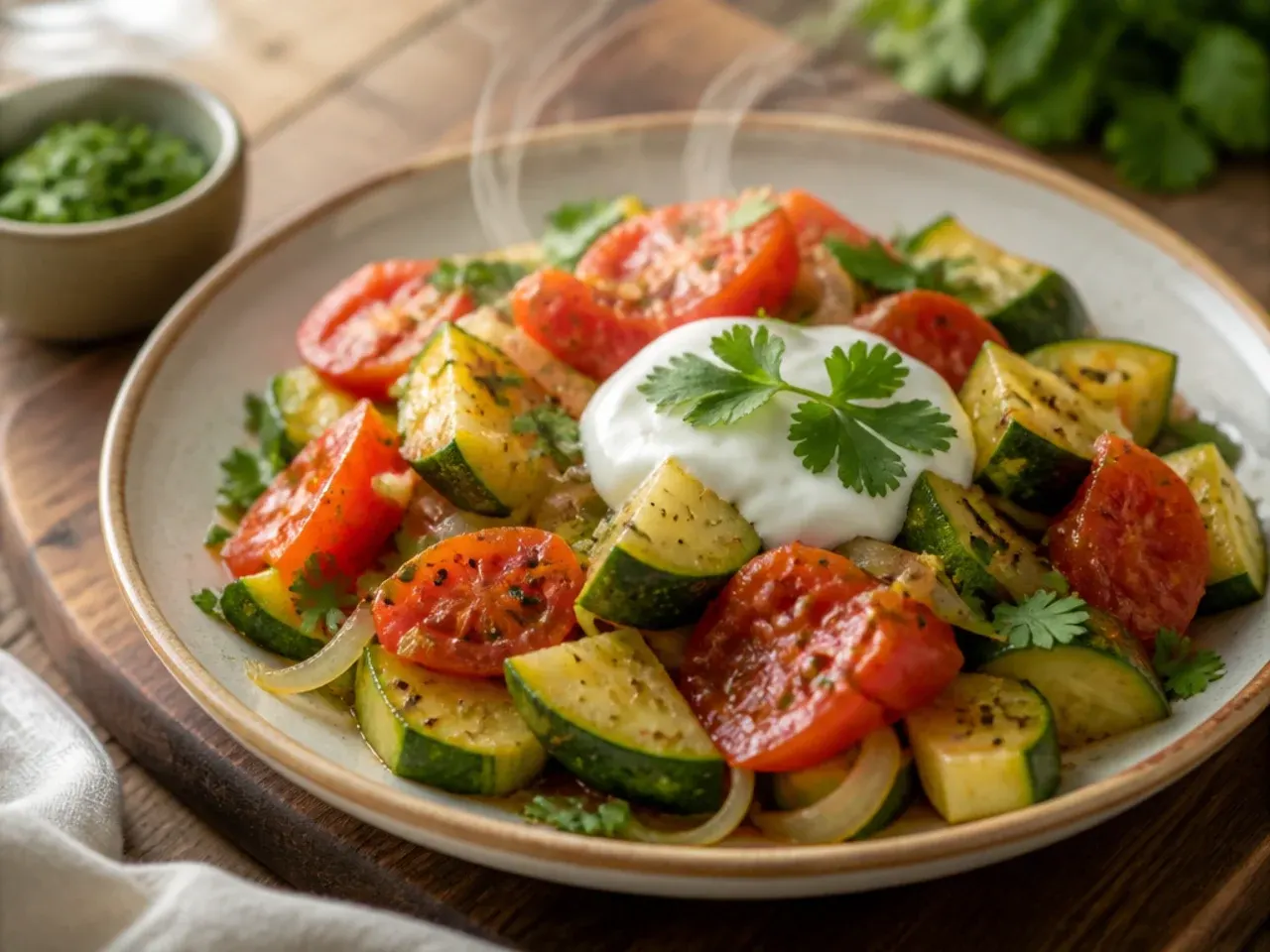 Quick microwave-steamed zucchini and tomato in a covered dish