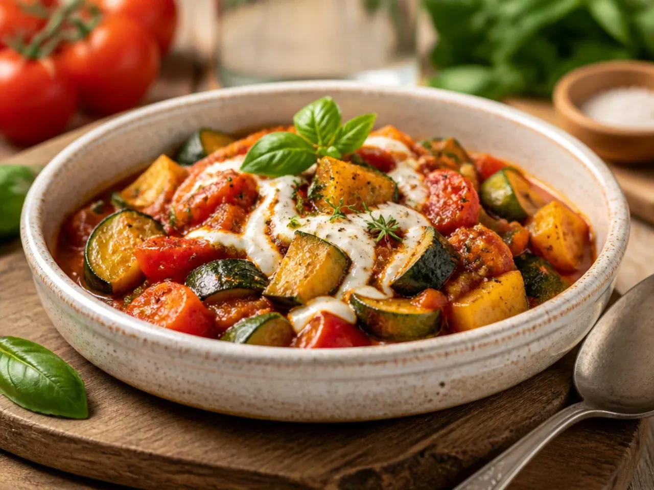 Classic ratatouille-style stew with zucchini, tomato, and aubergine