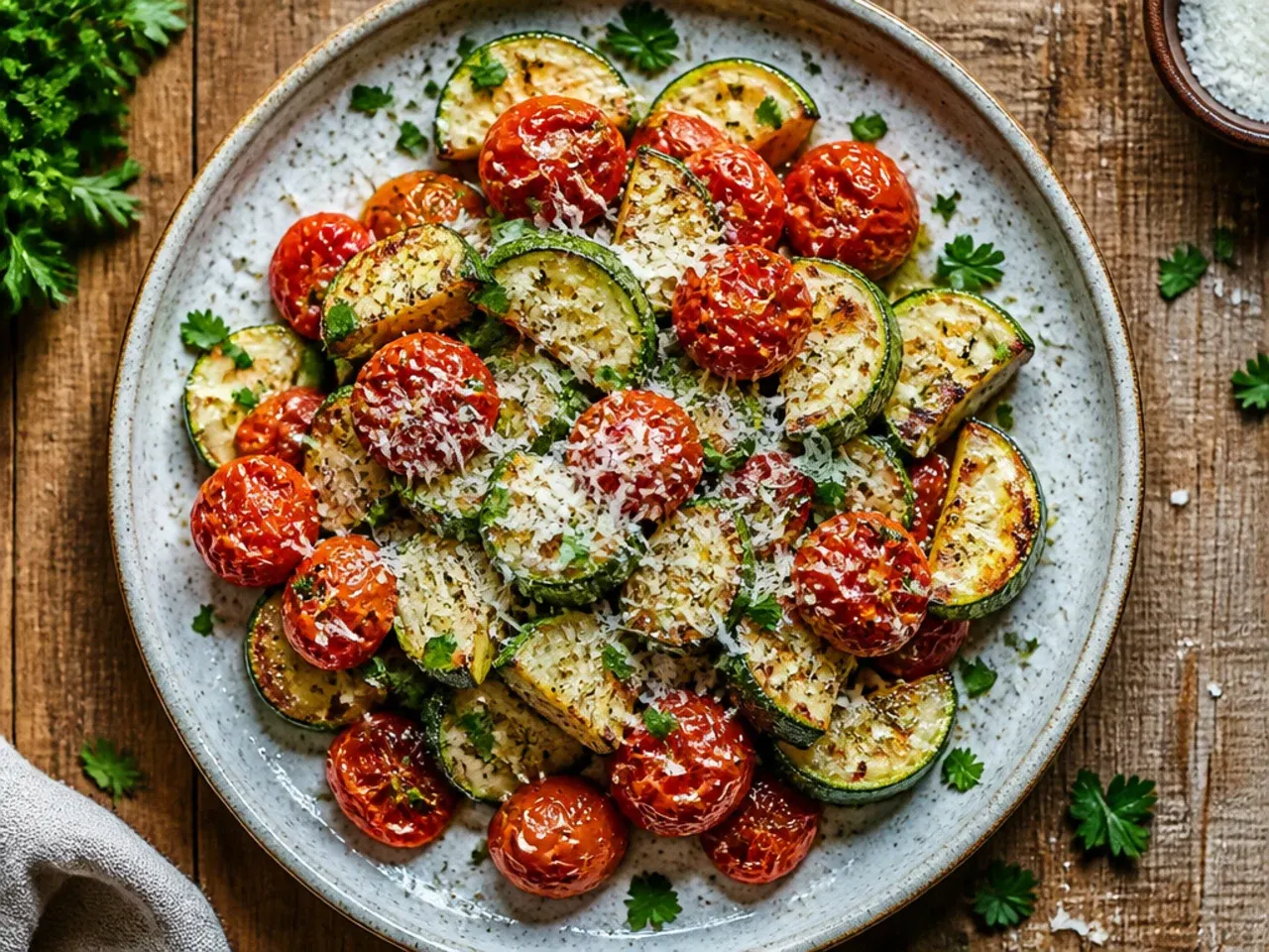 Easy sheet-pan roasted zucchini and cherry tomatoes fresh from the oven