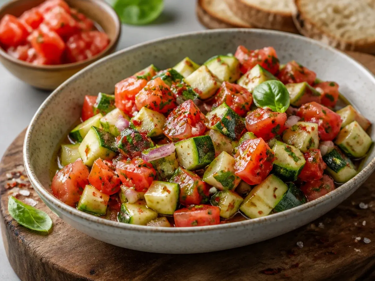 Fresh zucchini and tomato bruschetta topping on toasted bread slices