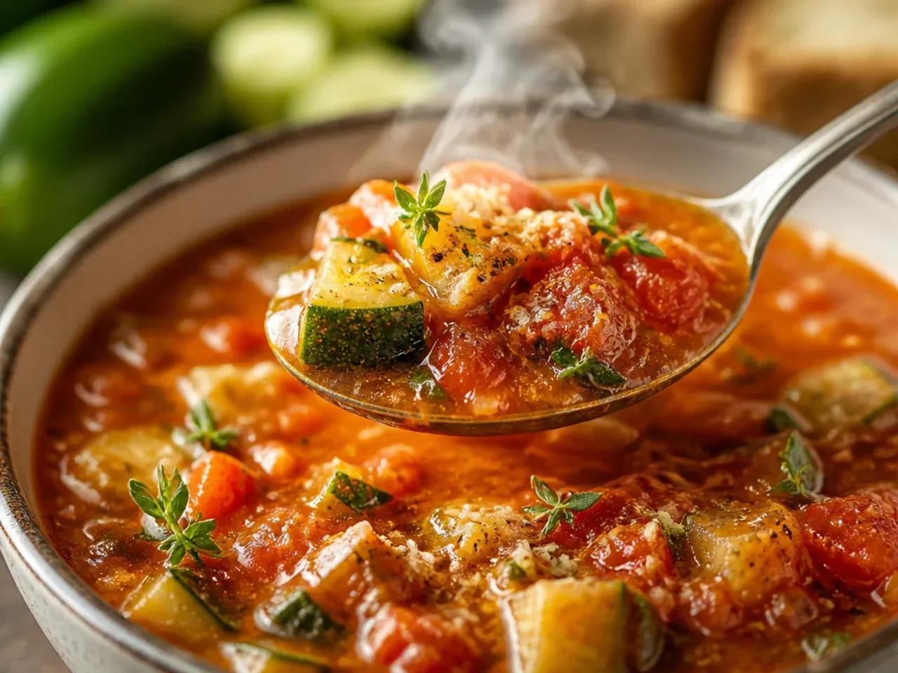 Bowl of cozy zucchini and tomato soup garnished with basil and cream