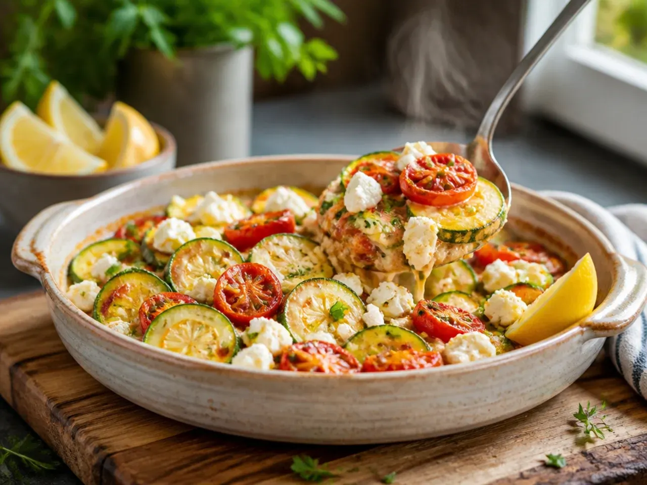 Creamy feta-topped zucchini and tomato bake with fresh herbs