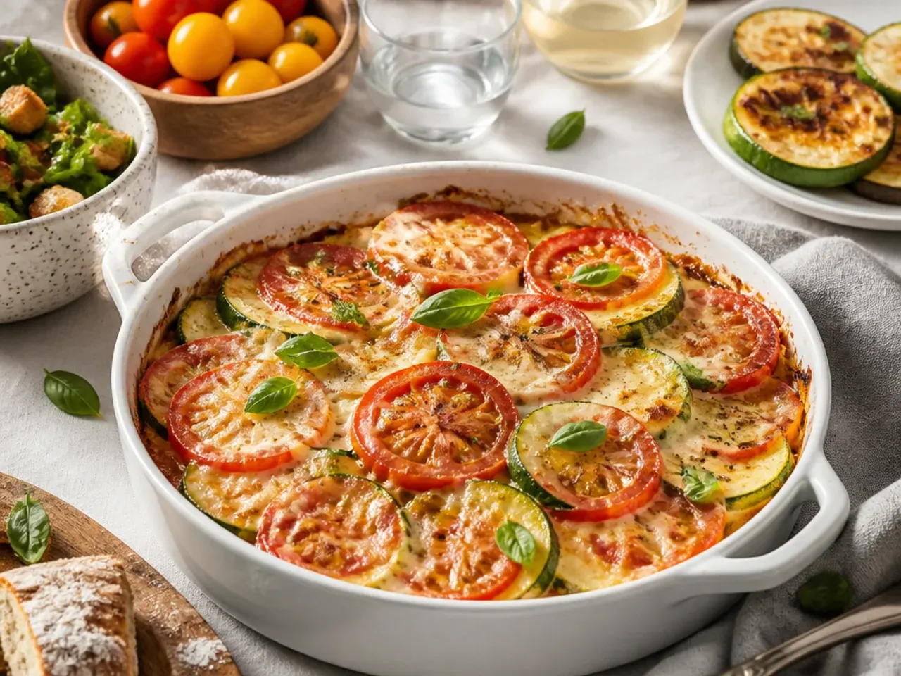 Serving zucchini and tomato bake alongside grilled chicken on a plate