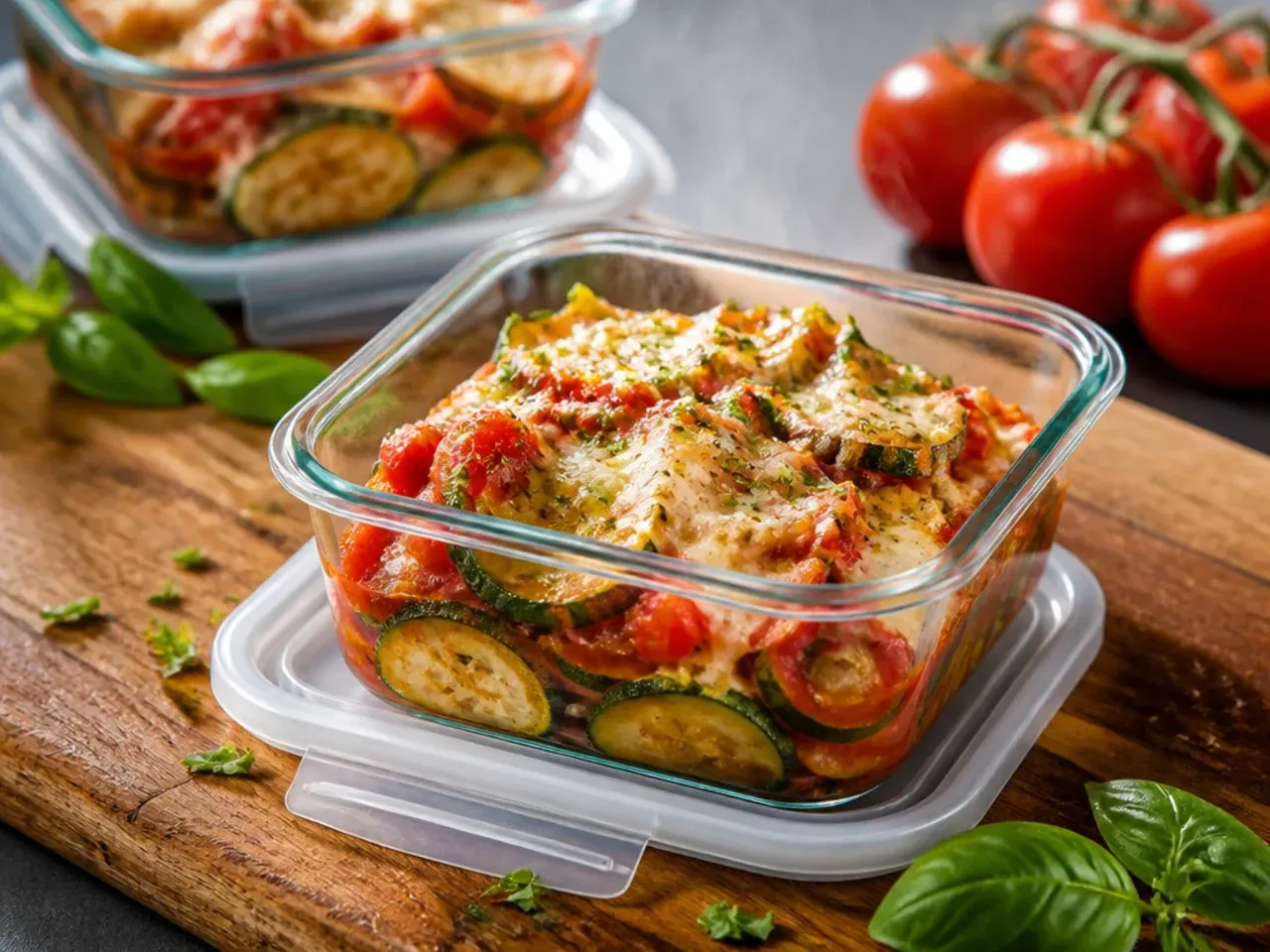 Zucchini and tomato bake leftovers stored in a glass airtight container