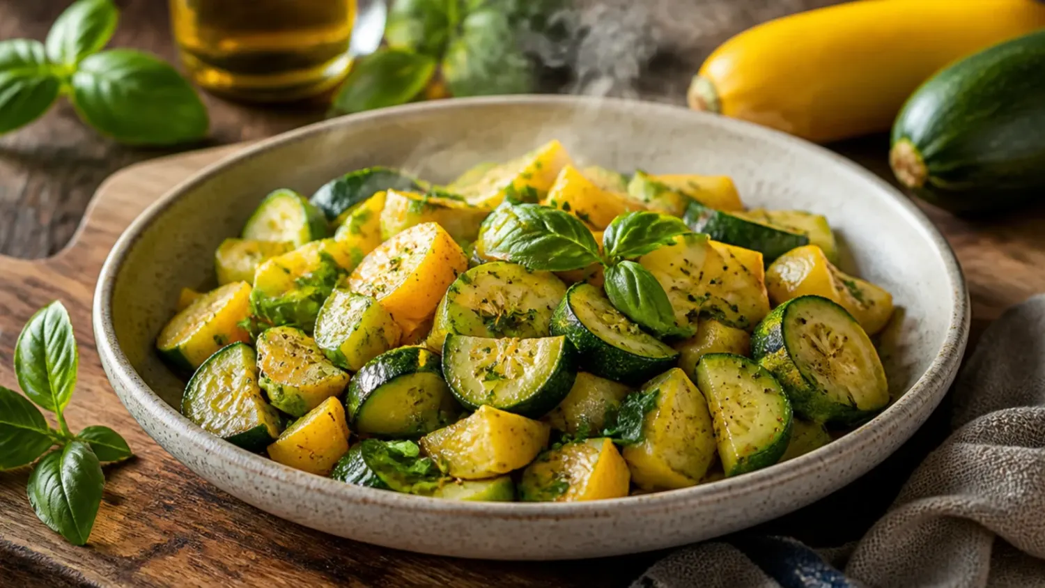 Overhead shot of golden-edged sliced zucchini and yellow squash in a cast-iron skillet with melted parmesan on top