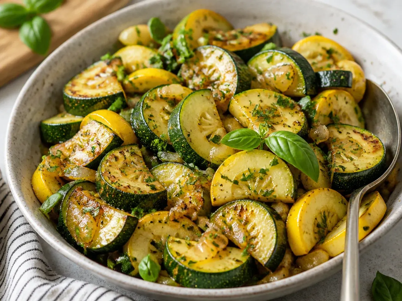 Wide overhead spread of several small dishes showing different zucchini and yellow squash recipe variations