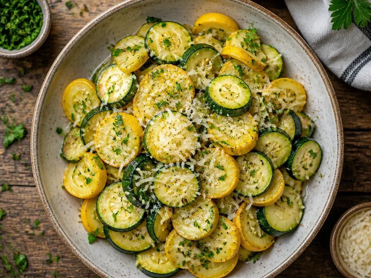 Golden buttered zucchini and yellow squash slices in a skillet with parsley on top