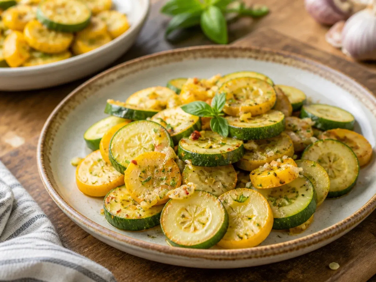 Quick sautéed zucchini and squash with charred edges in a frying pan, lemon wedge beside it
