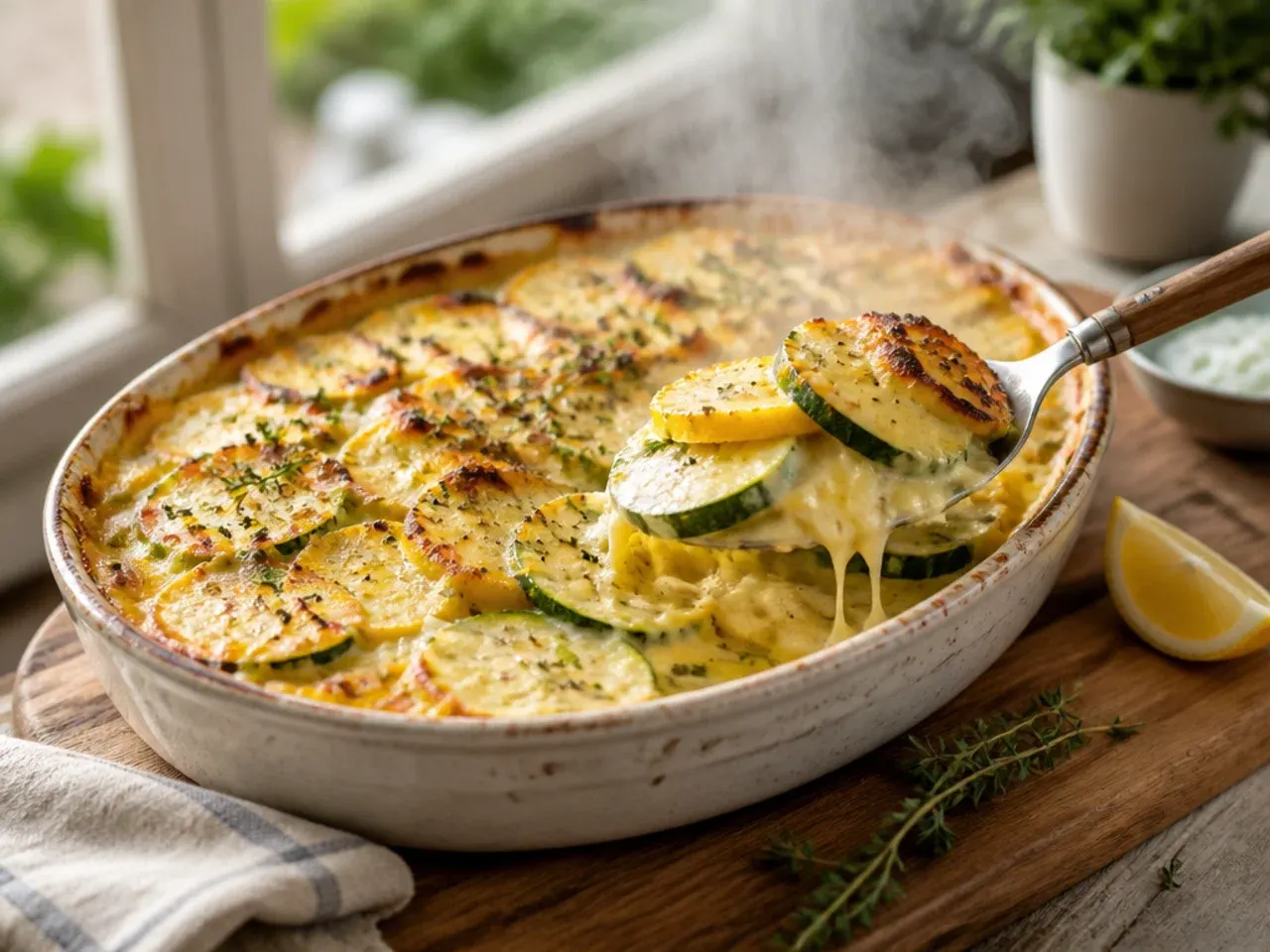 Bubbling baked zucchini and squash gratin with golden breadcrumb topping in a white baking dish