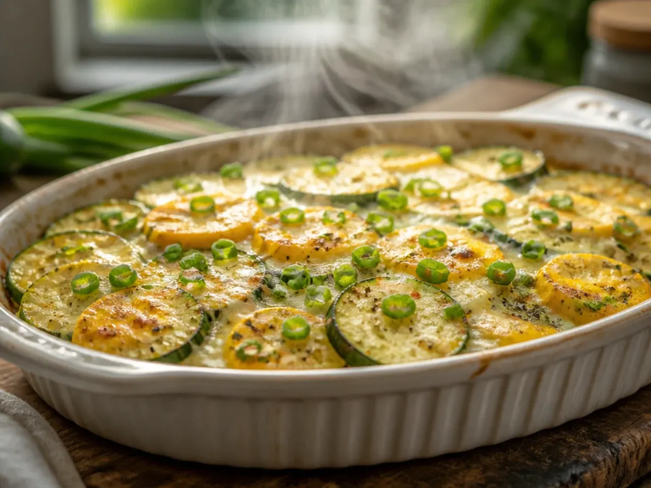 Creamy parmesan zucchini and squash bake with a silky sauce and golden top