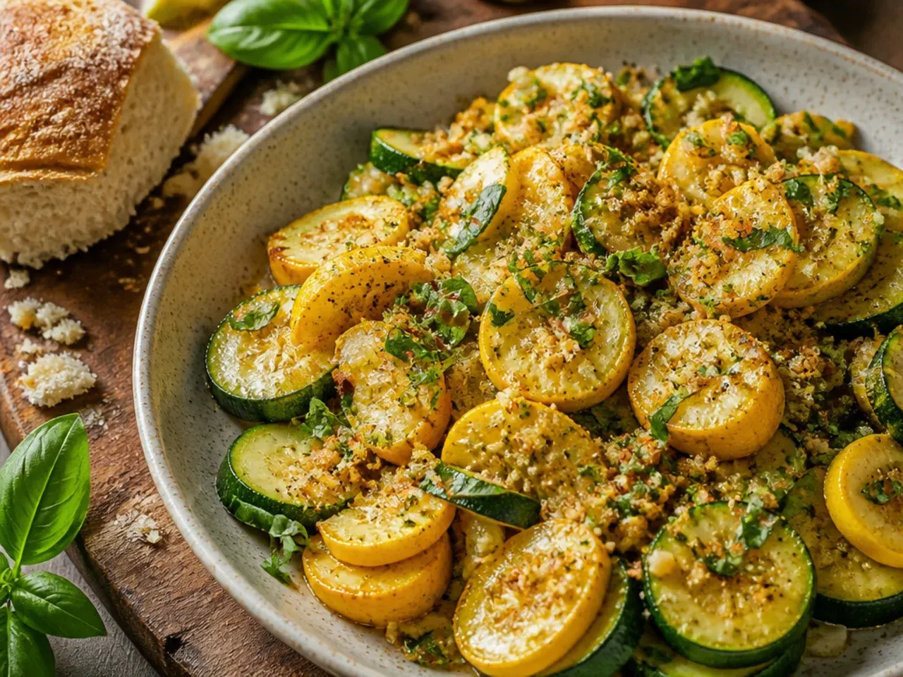 Simple garlic butter squash slices cooking in a pan with melted butter