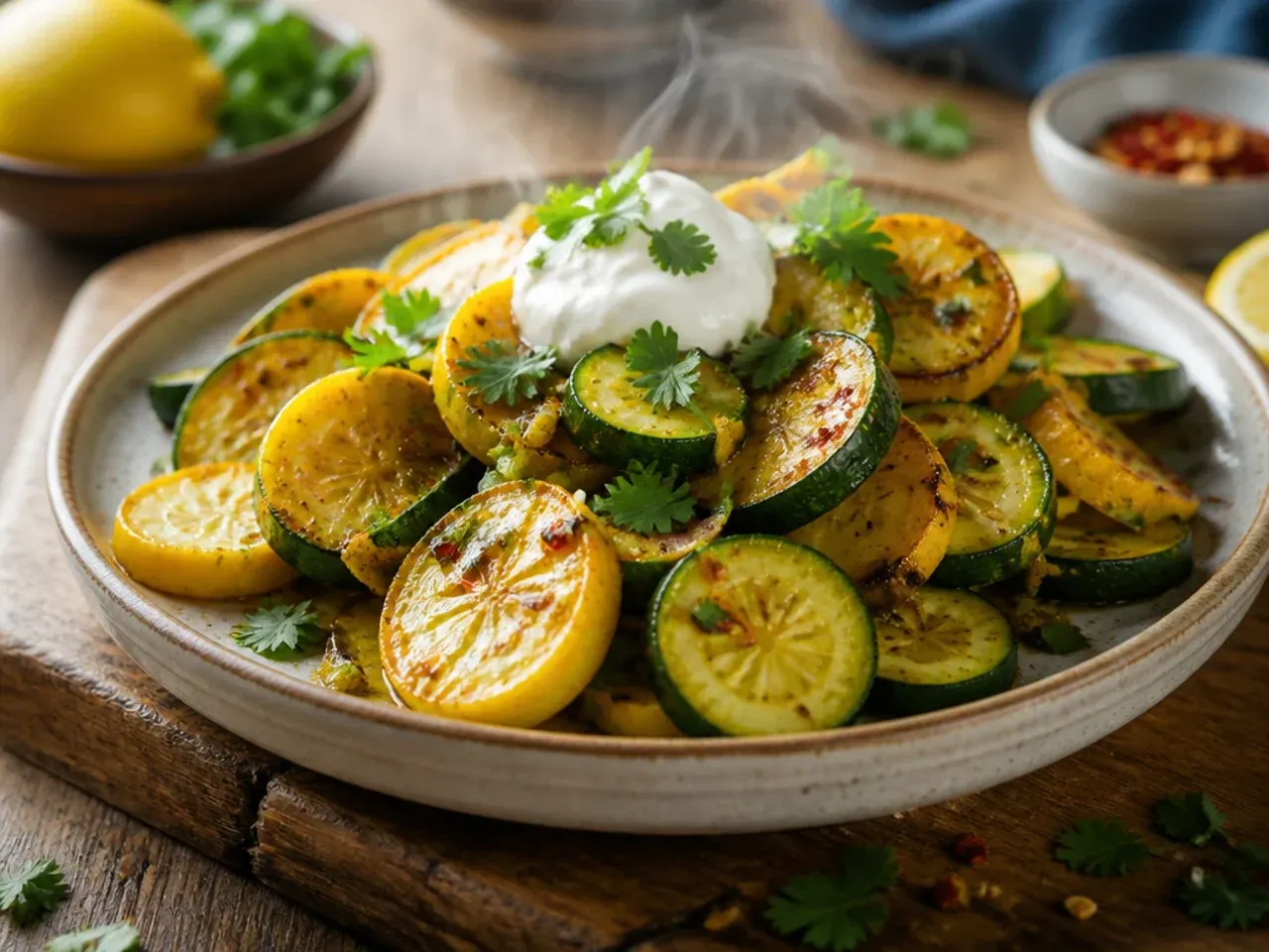 Zesty lemon-chilli squash sauté topped with chives and lemon zest