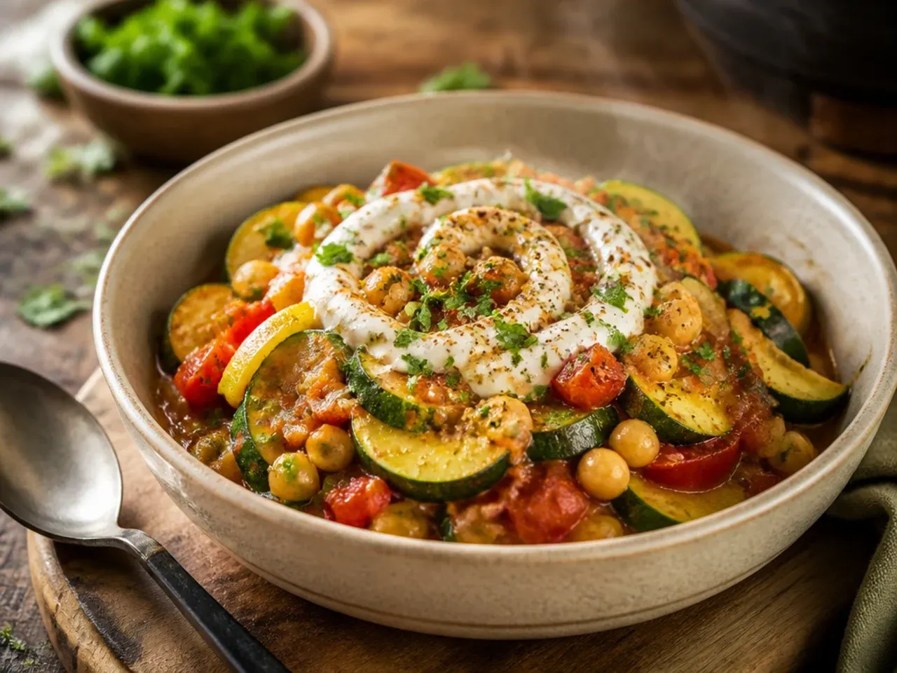 Wholesome squash and chickpea skillet topped with yoghurt and fresh mint