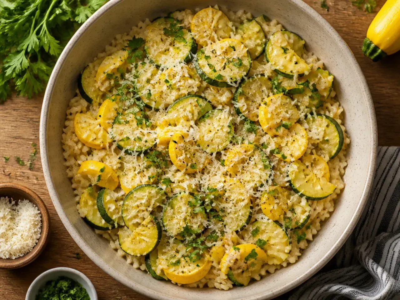 Budget squash and rice skillet with melted cheddar on top