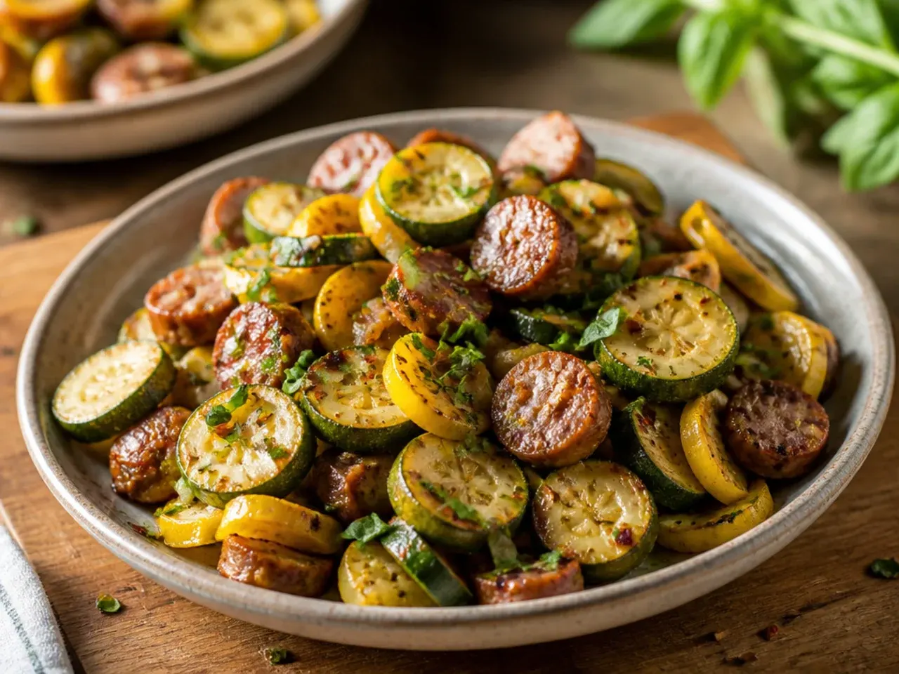 Sheet-pan roasted zucchini, squash, and sliced sausage fresh from the oven