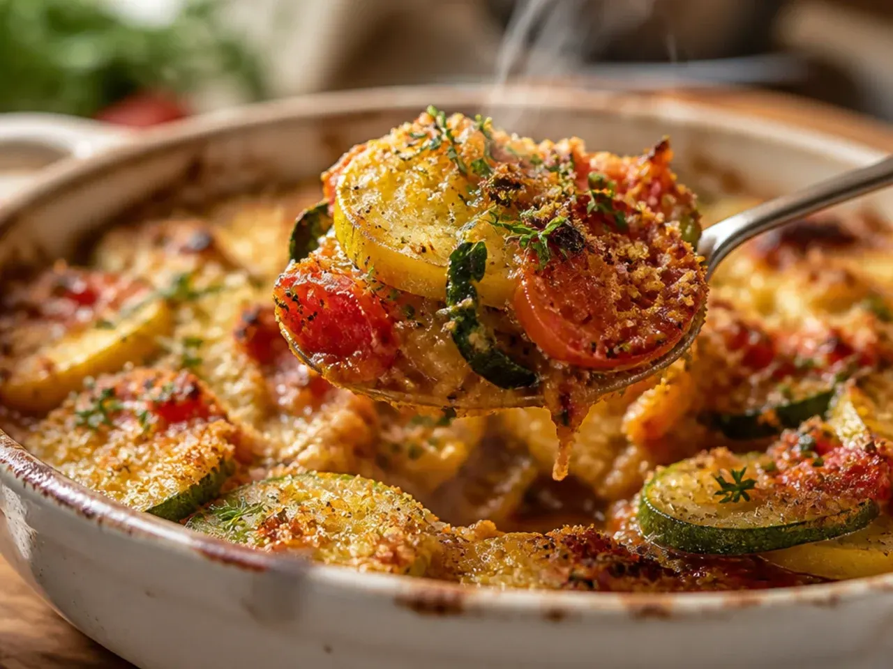 Rustic layered squash and tomato bake with caramelised edges in a round dish
