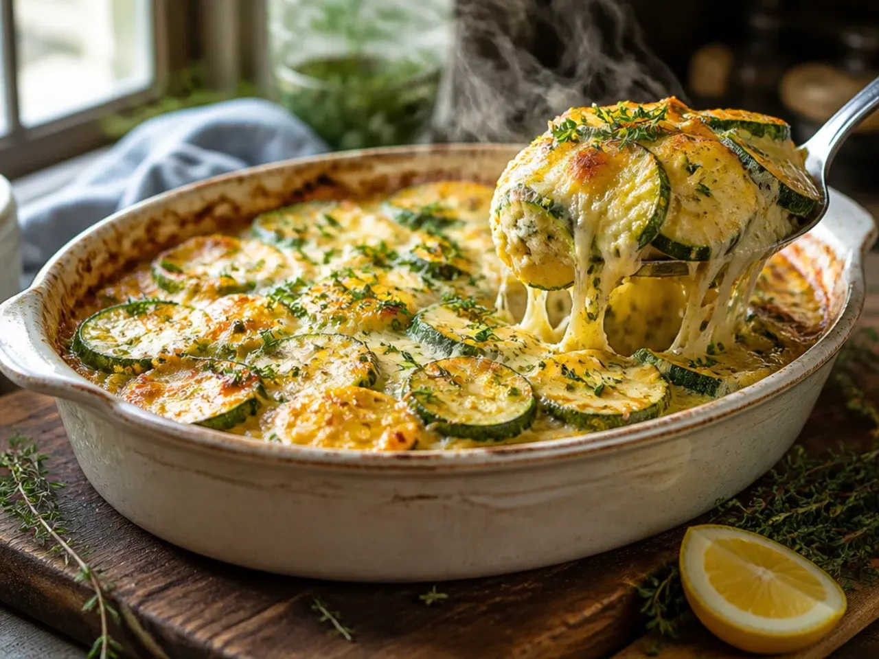 Loaded cheesy squash casserole with bacon and melted cheddar, sour cream on top
