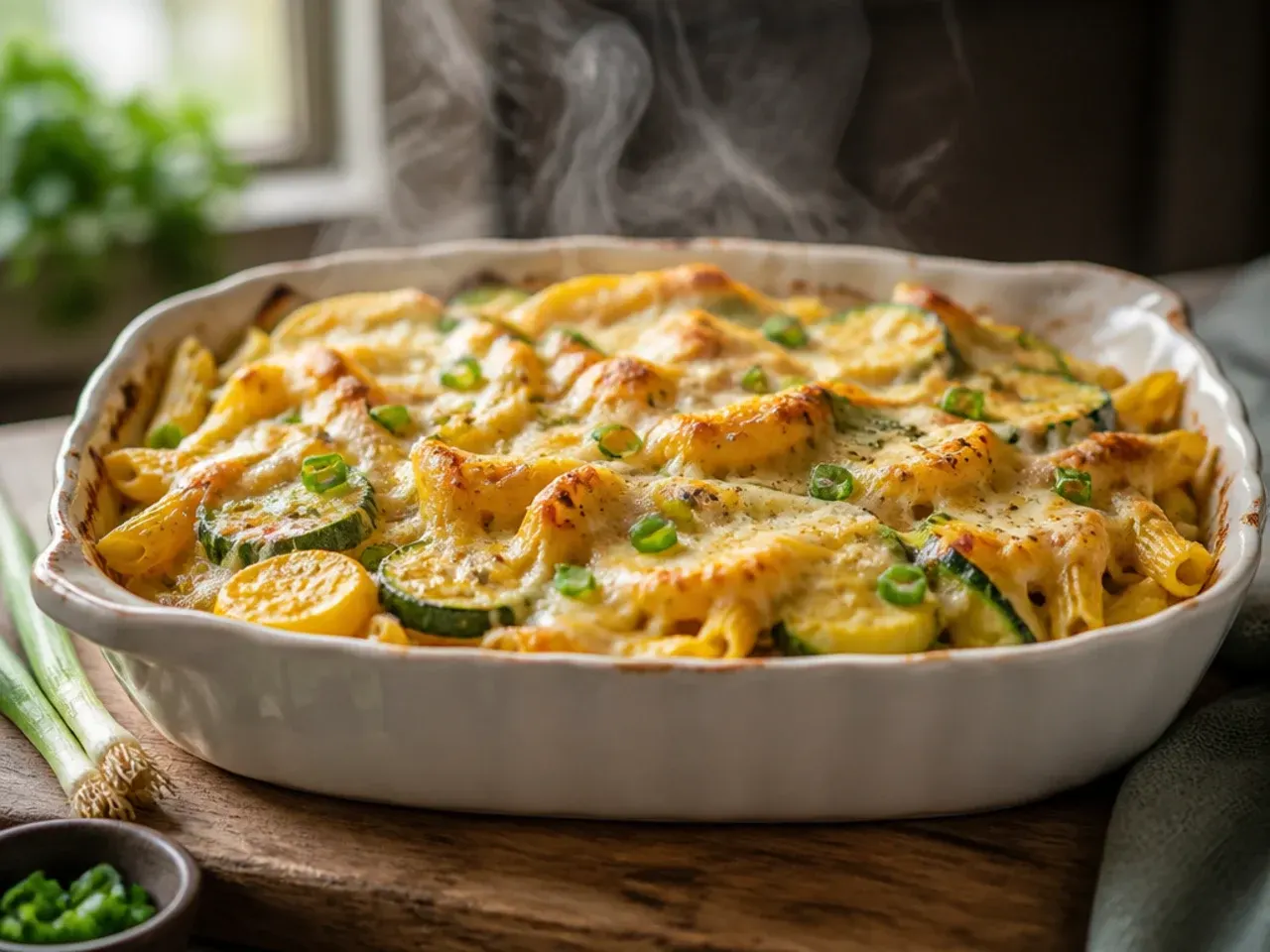 Family-style squash and pasta bake with bubbling mozzarella topping