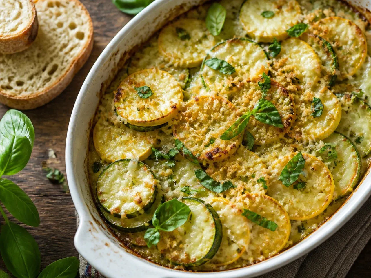 Layered squash gratin with melted golden Gruyère cheese crust