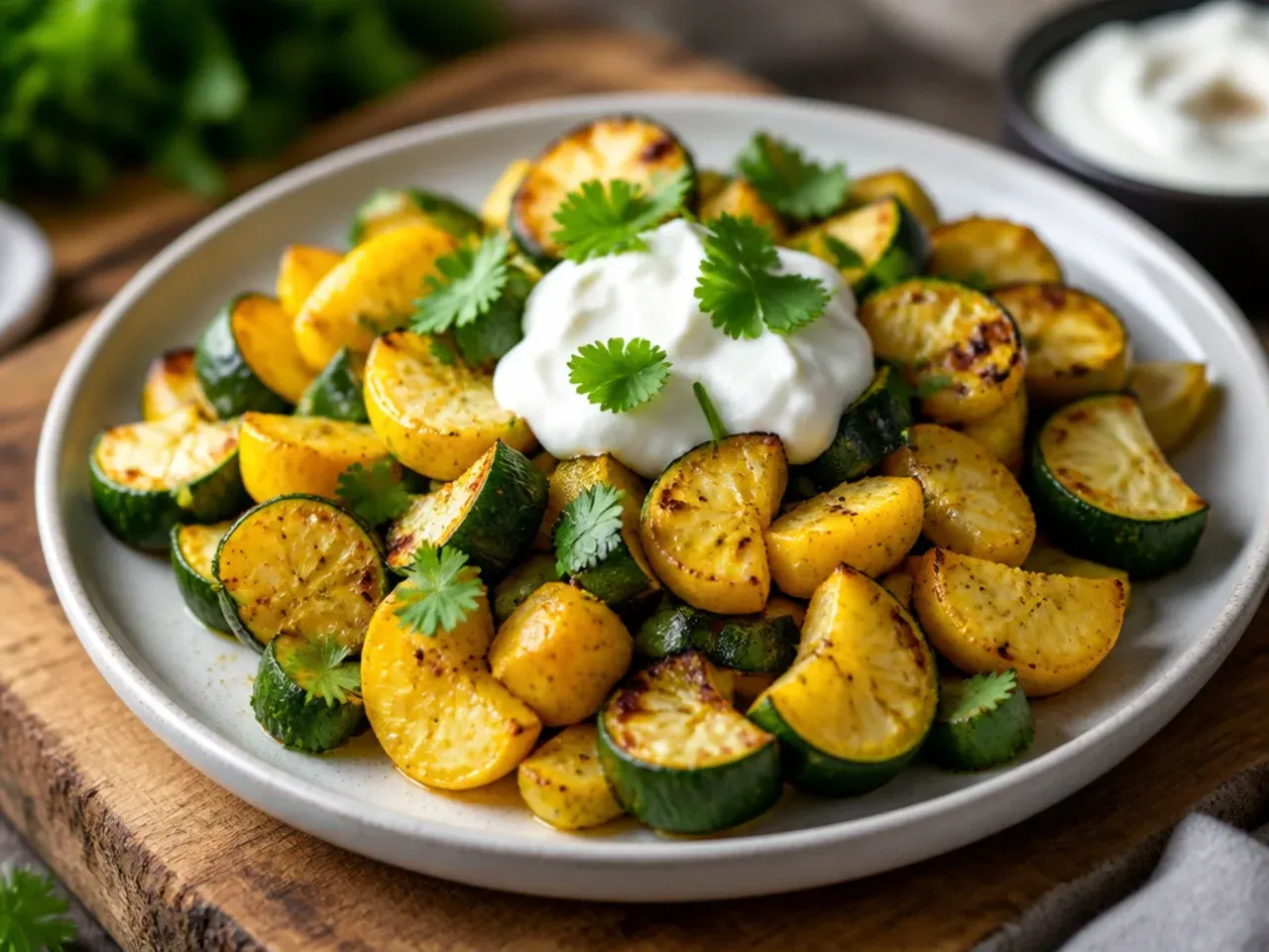 Crispy air-fryer squash batons in an air fryer basket with dipping sauce