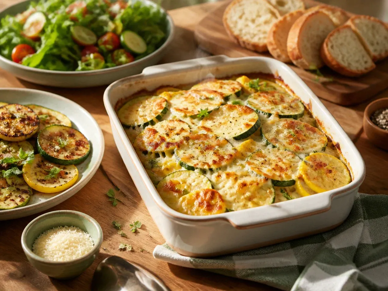 Dinner table spread with baked squash gratin, roast chicken, and a green salad