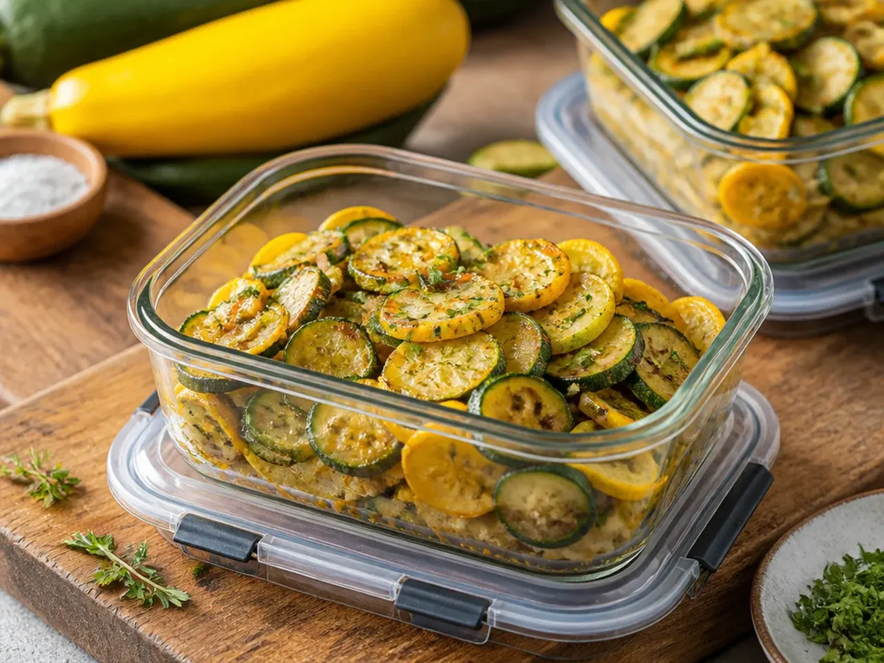 Leftover squash gratin portioned into airtight glass containers in the fridge