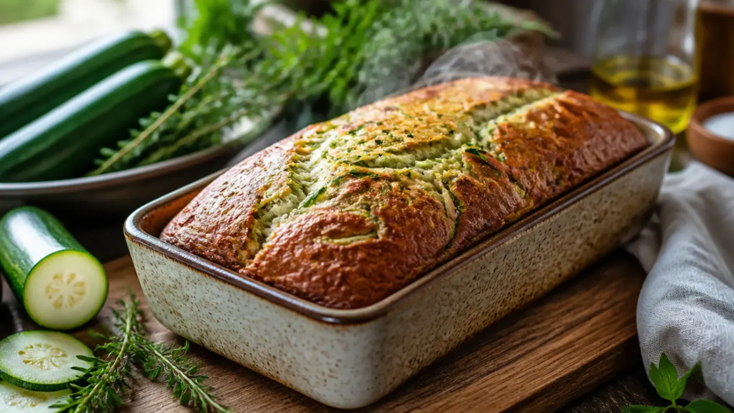 Sliced loaf of golden zucchini bread on a wooden board with a pat of melted butter and a whole courgette alongside