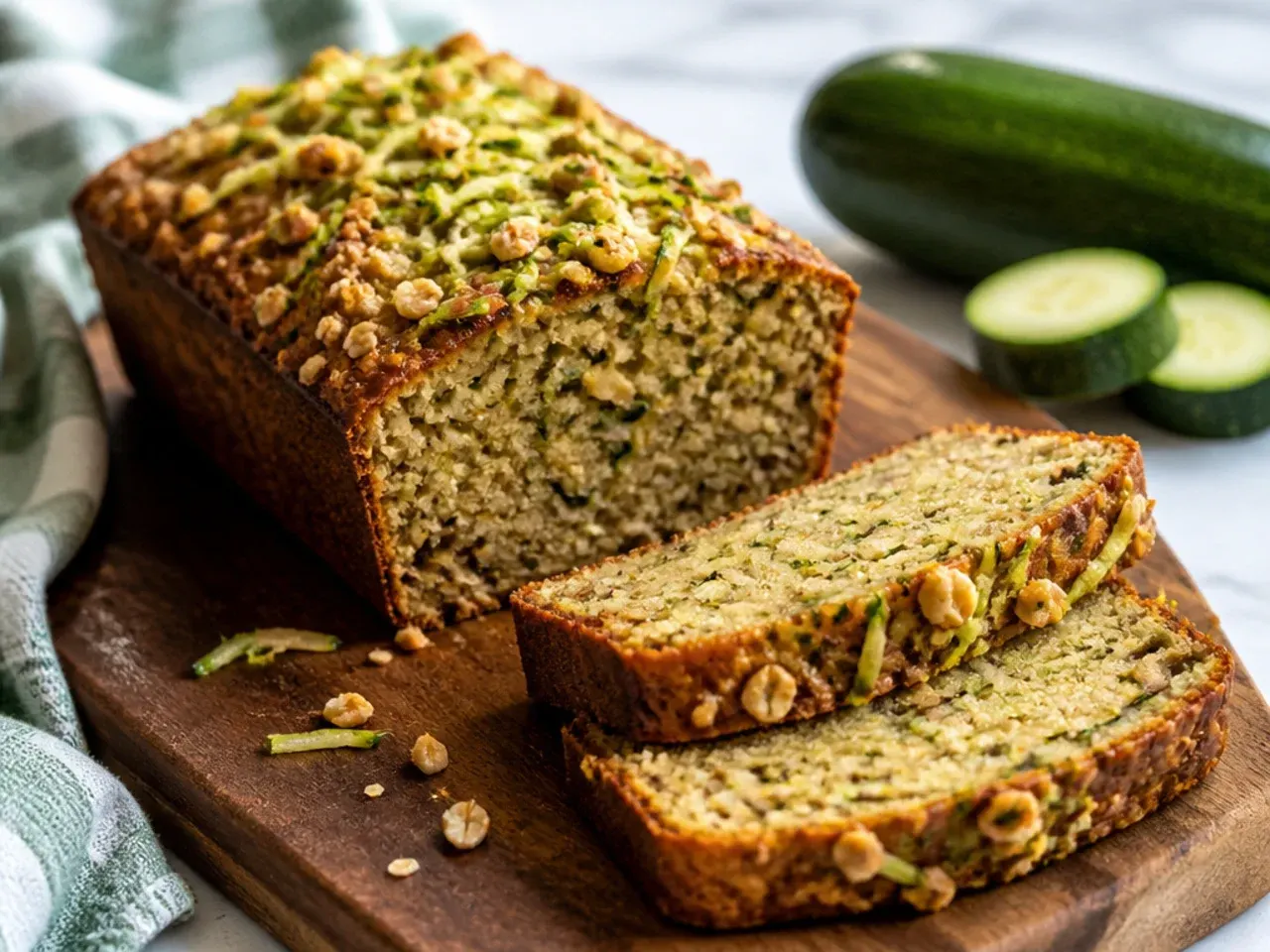 Golden brown zucchini bread loaf sliced open on a wire cooling rack