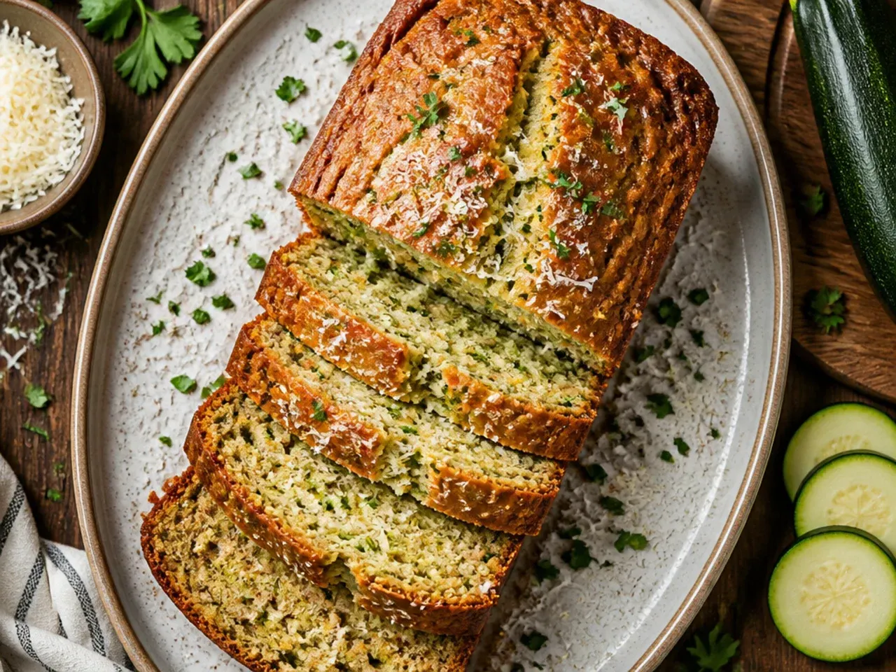Classic cinnamon zucchini bread loaf with a slice cut showing the moist crumb