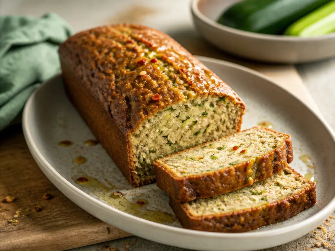 One mixing bowl with zucchini bread batter being folded together with a spatula