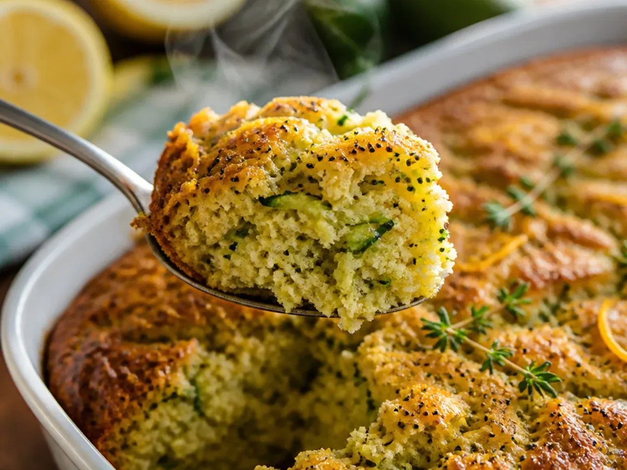 Lemon zucchini bread loaf drizzled with white lemon glaze and studded with poppy seeds