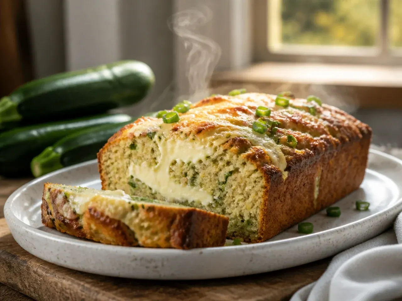 Zucchini bread loaf with a visible cream cheese swirl through the sliced crumb