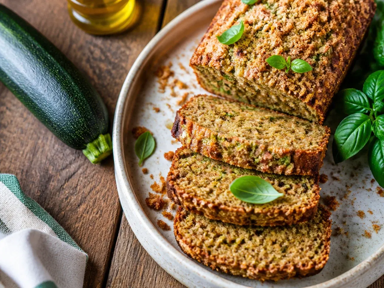 Simple plain zucchini bread loaf on a plate with just five ingredients laid out beside it