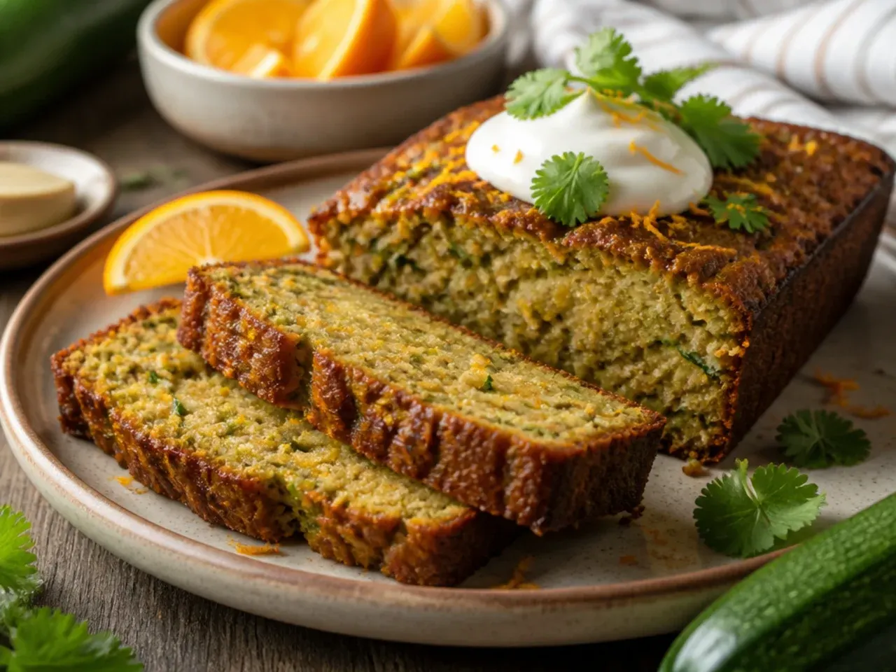 Orange and ginger zucchini bread loaf with visible orange zest flecks in the crumb