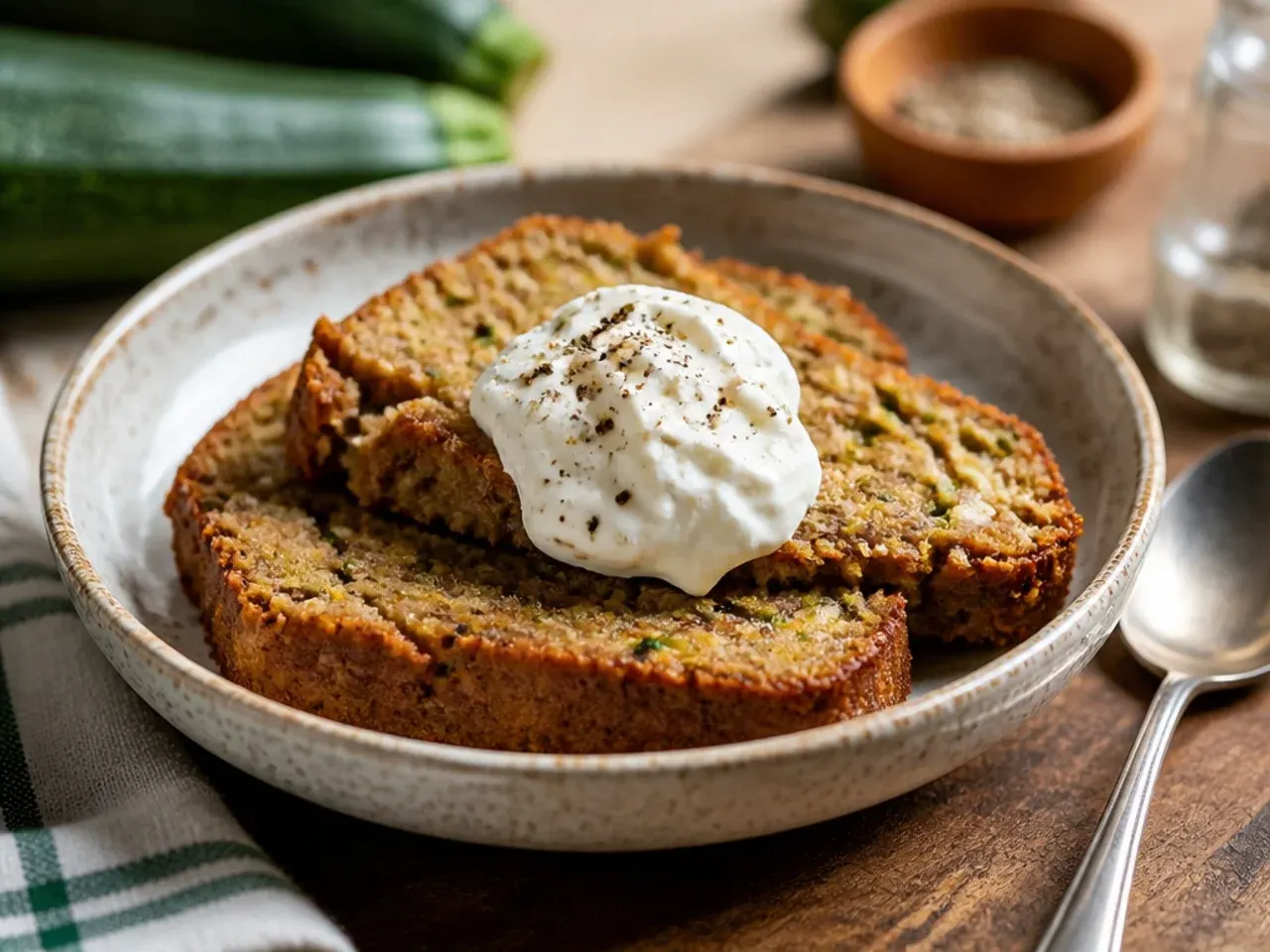 Wholemeal zucchini bread loaf with a denser, nutty-coloured crumb