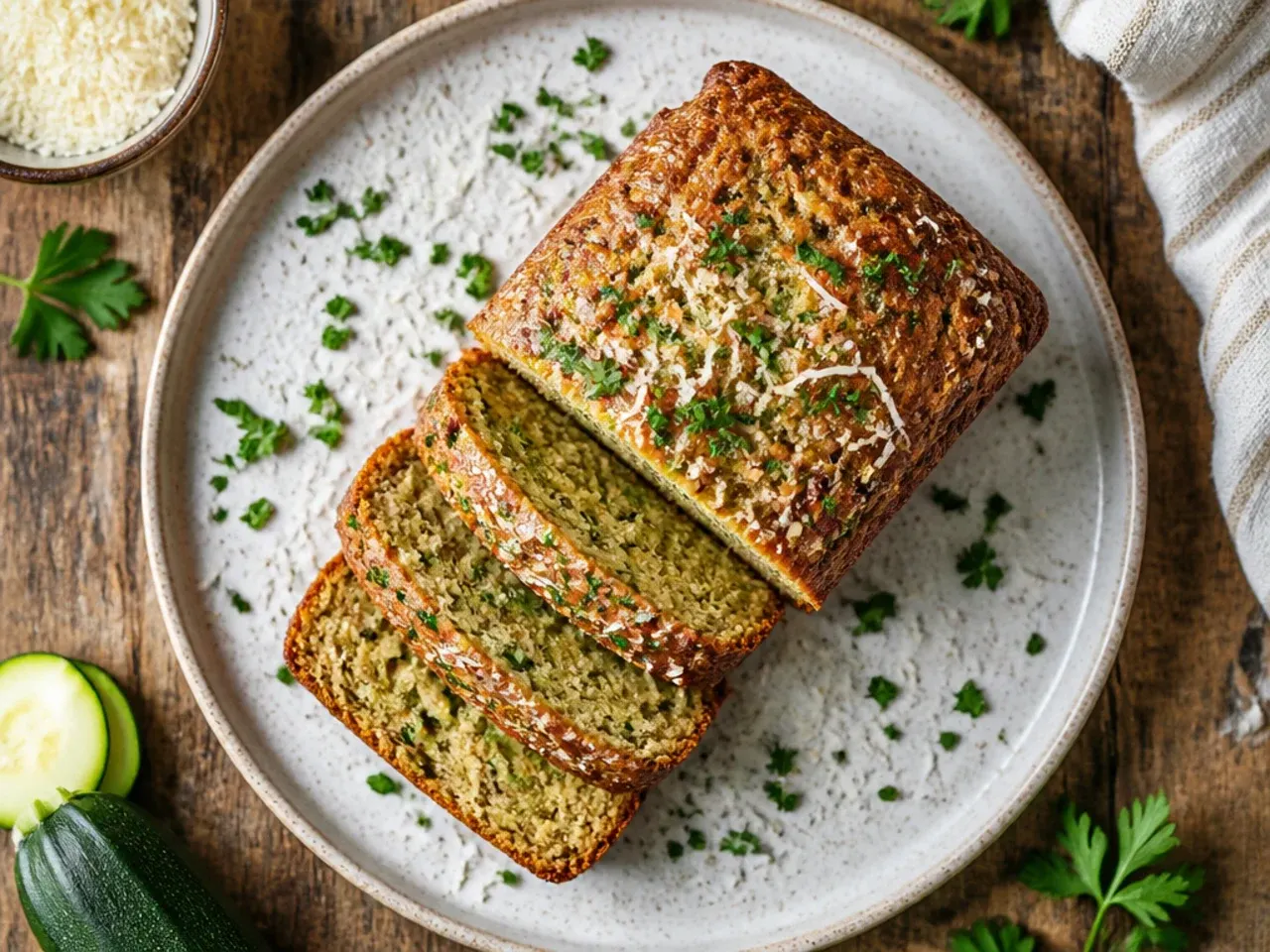 Simple pantry-staple zucchini bread loaf with basic ingredients like flour, sugar and eggs nearby