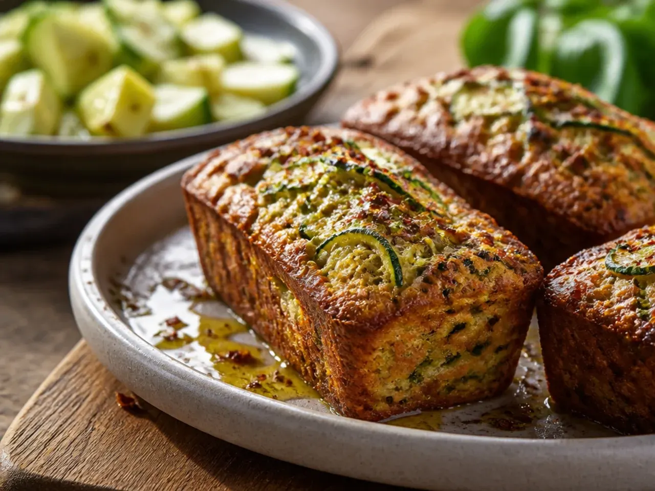 Four mini zucchini bread loaves cooling side by side on a wire rack