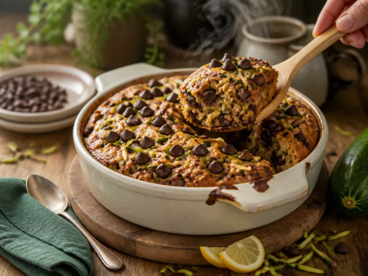 Zucchini bread loaf loaded with melted chocolate chips throughout the sliced crumb