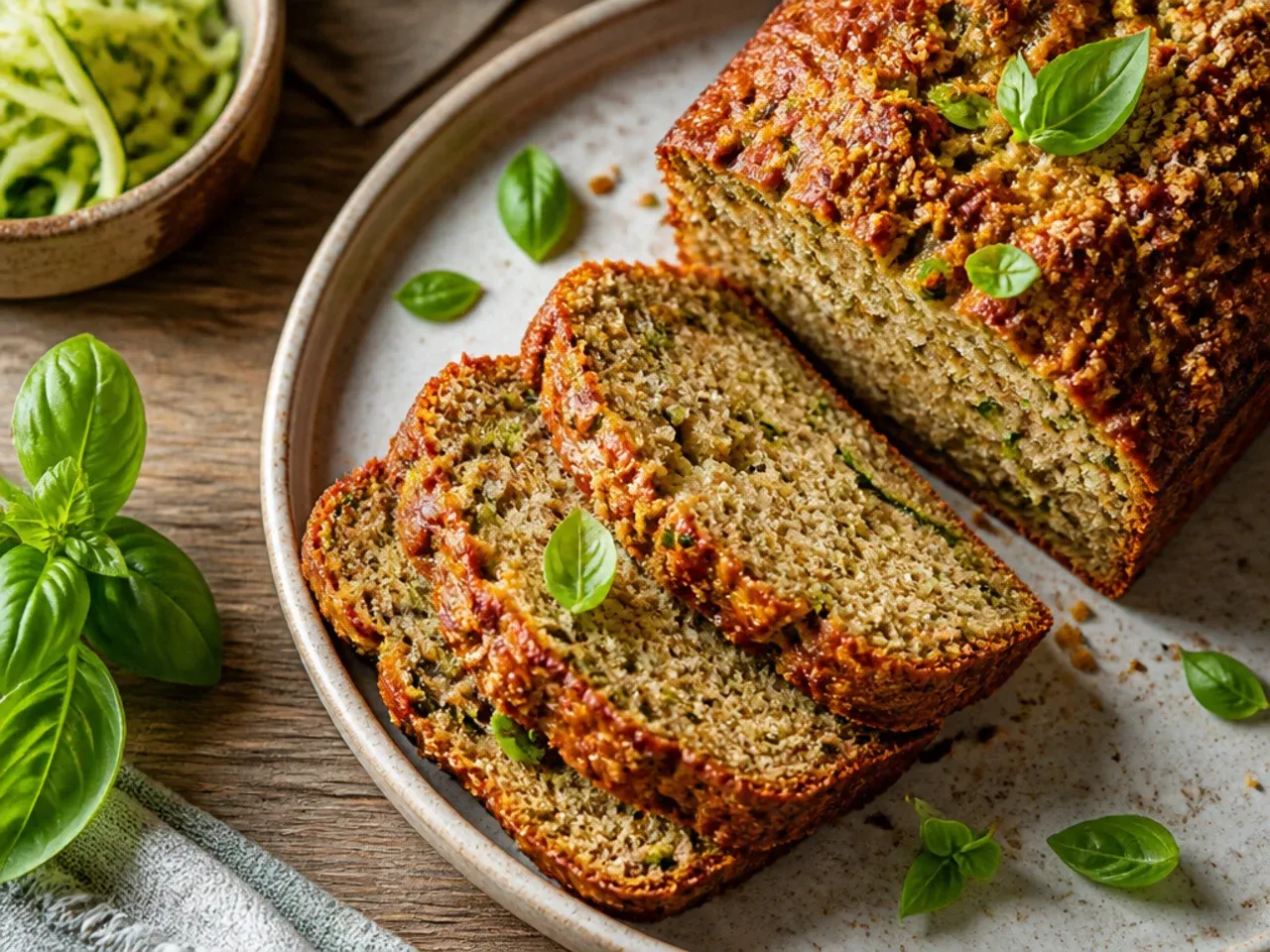 Zucchini bread loaf made with brown butter, showing a deep golden crumb