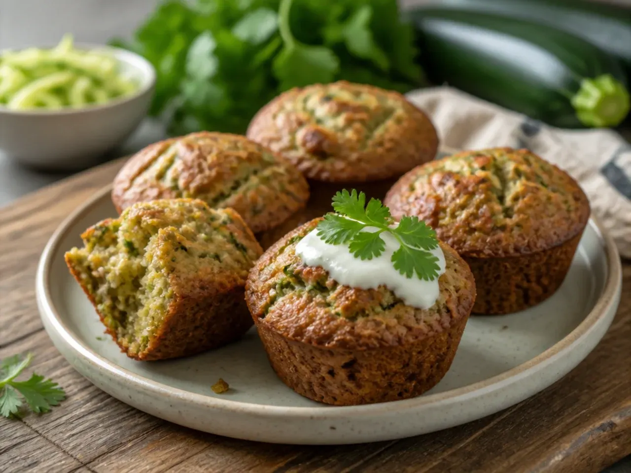 A tray of zucchini bread muffins with domed golden tops in paper cases