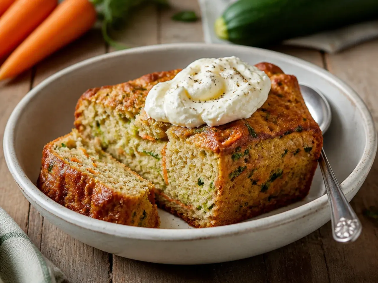 Zucchini carrot bread loaf topped with a thin layer of cream cheese frosting