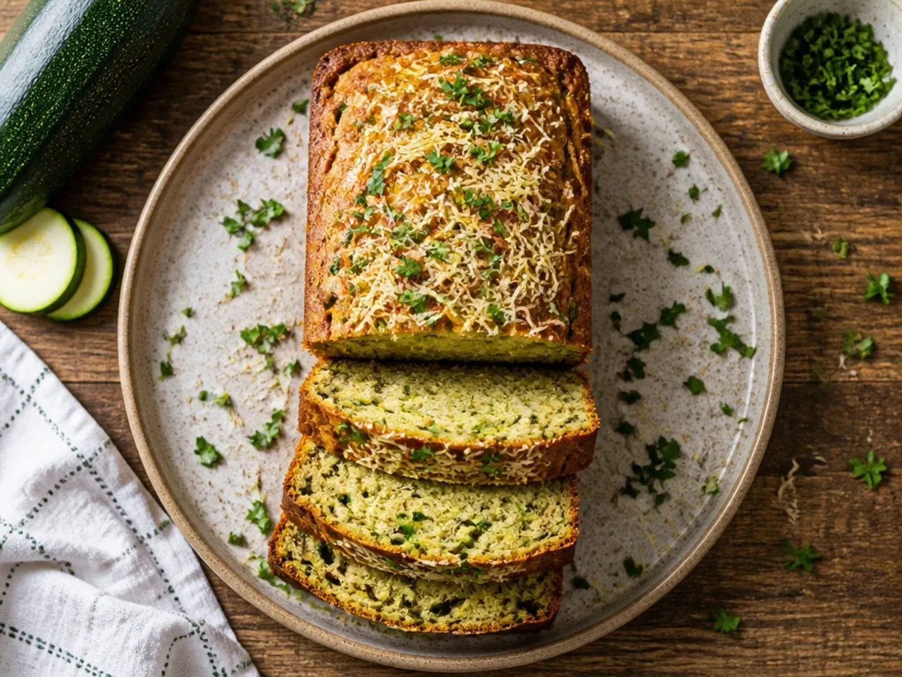 Zucchini bread loaf made with Greek yogurt, sliced to show a dense, velvety crumb