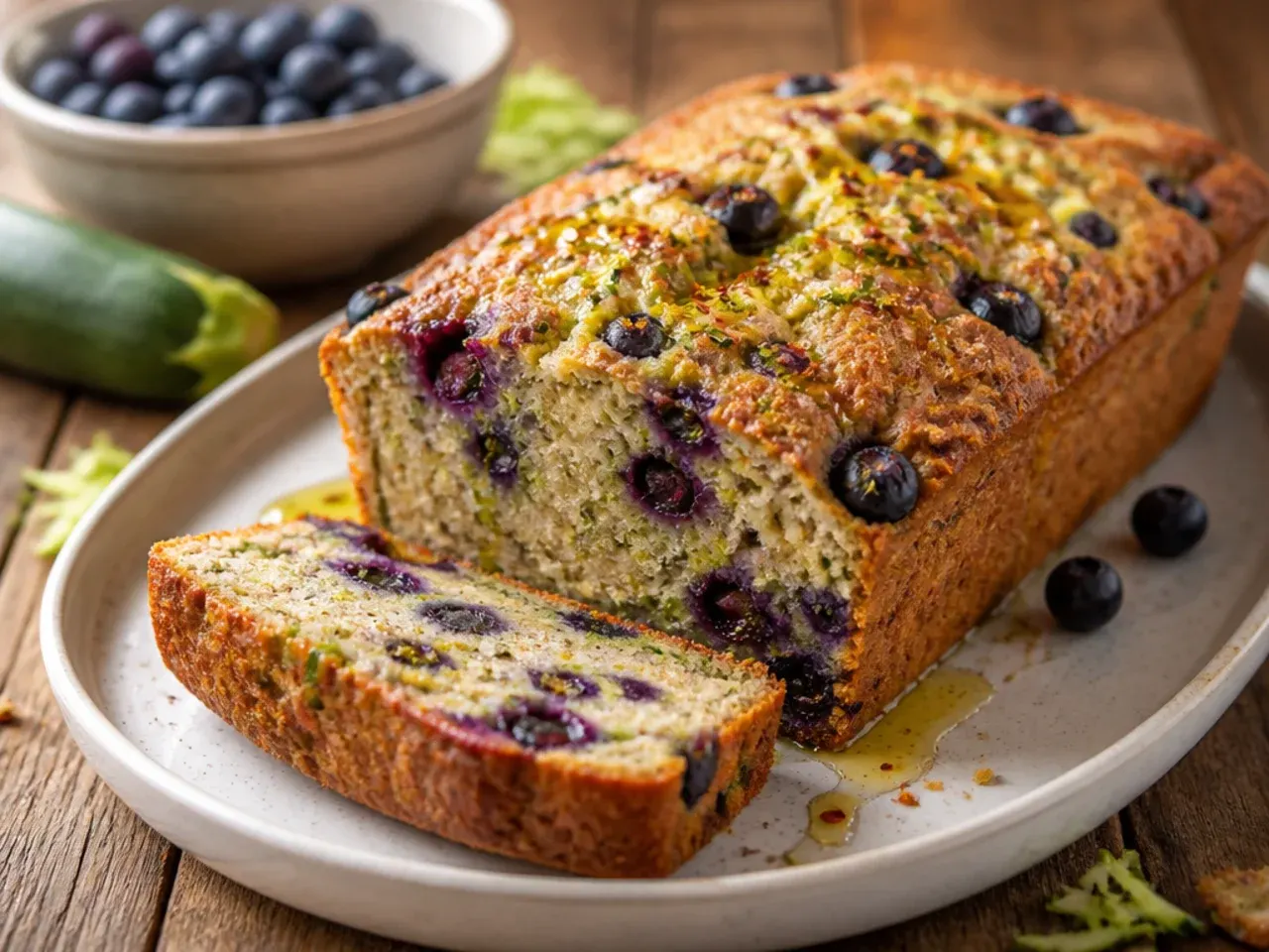 Blueberry zucchini bread loaf sliced open showing bursts of blueberry throughout