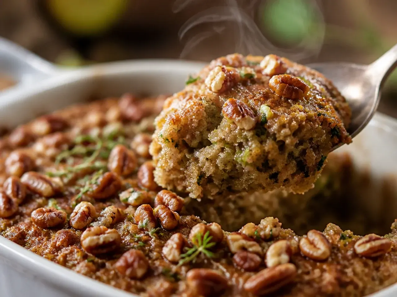 Maple pecan zucchini bread loaf with a glossy, nut-topped crust
