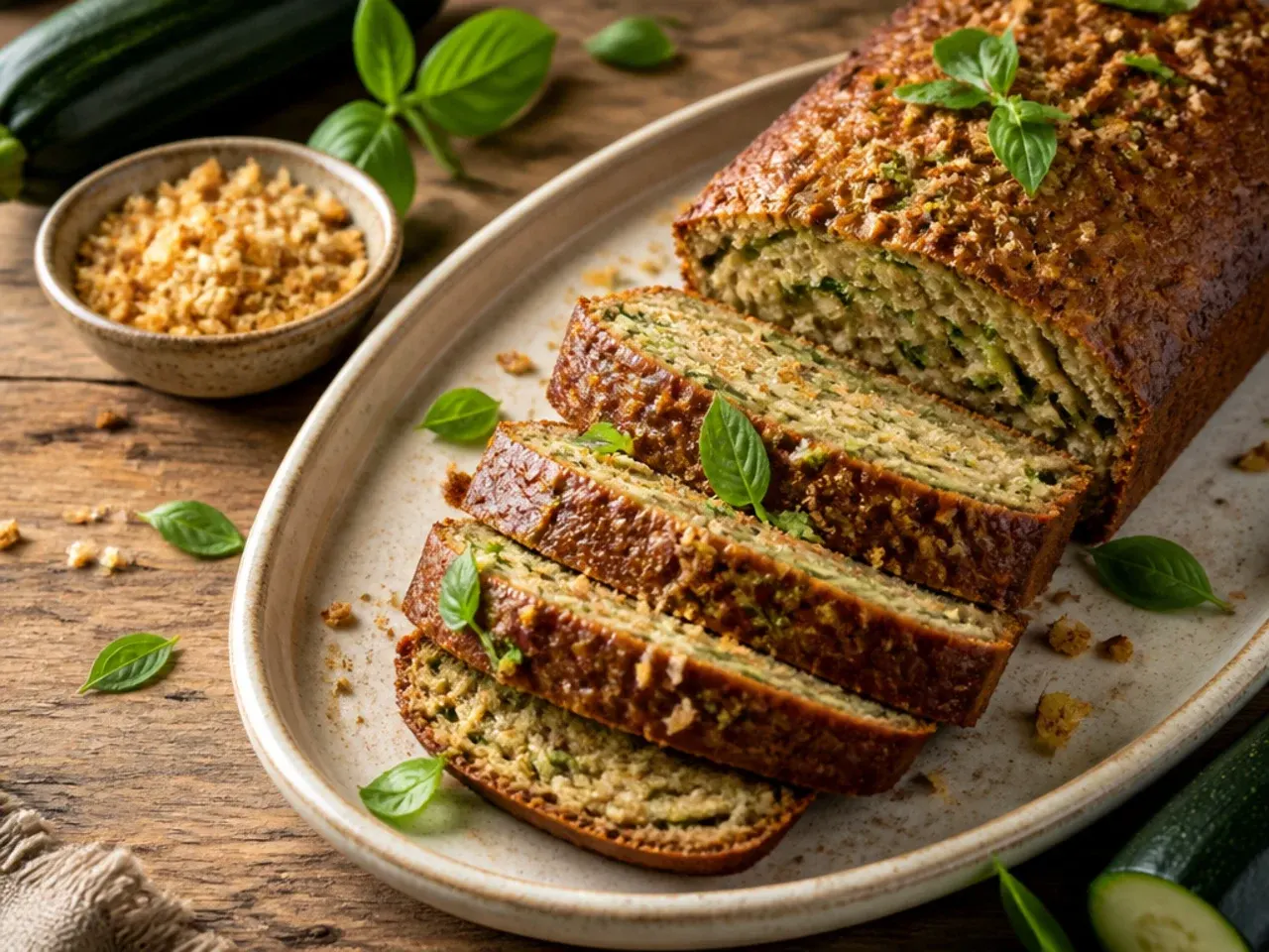 Slice of zucchini bread served on a plate with butter and a cup of coffee