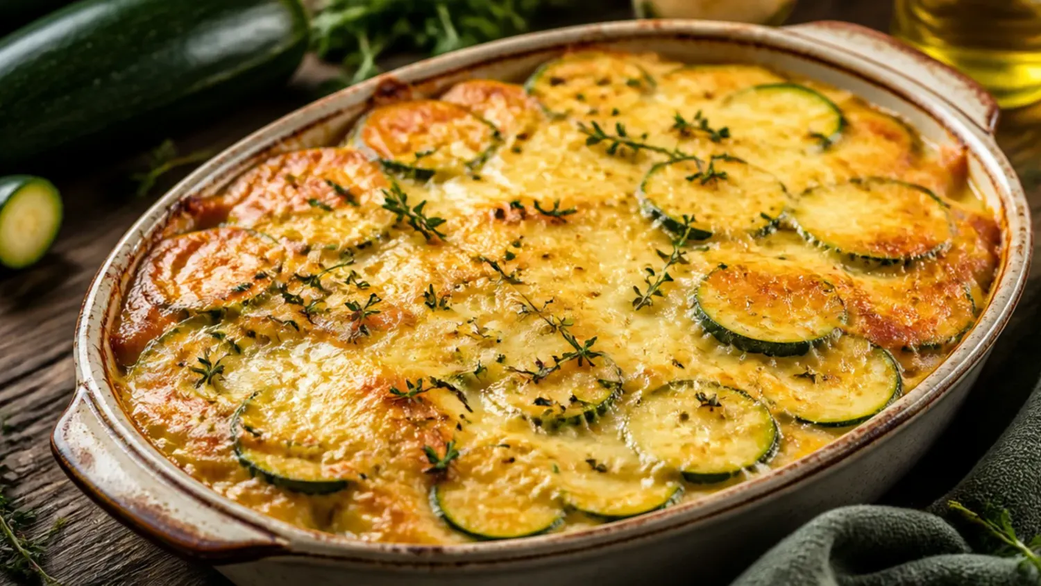 Overhead shot of a bubbling cheesy zucchini casserole with a golden breadcrumb topping in a white baking dish