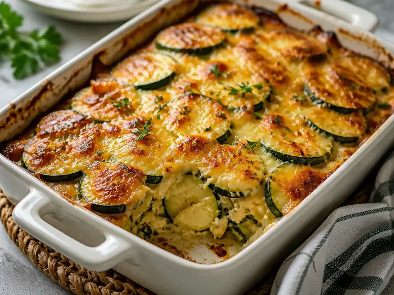Golden baked zucchini casserole in a white dish with a cheesy, bubbling top