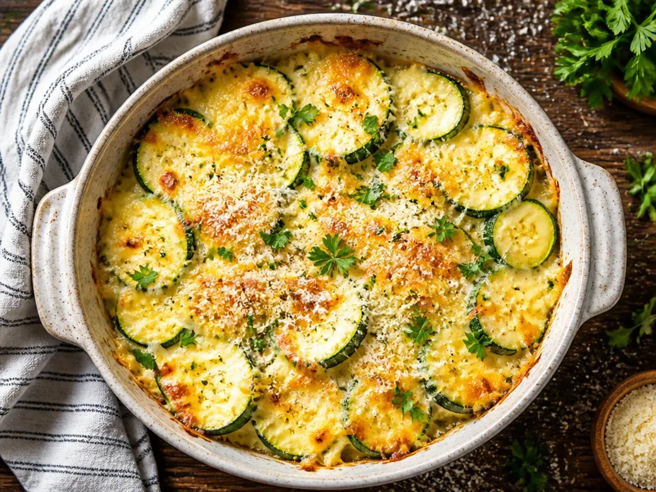 Classic cheesy zucchini casserole with golden breadcrumb topping fresh from the oven