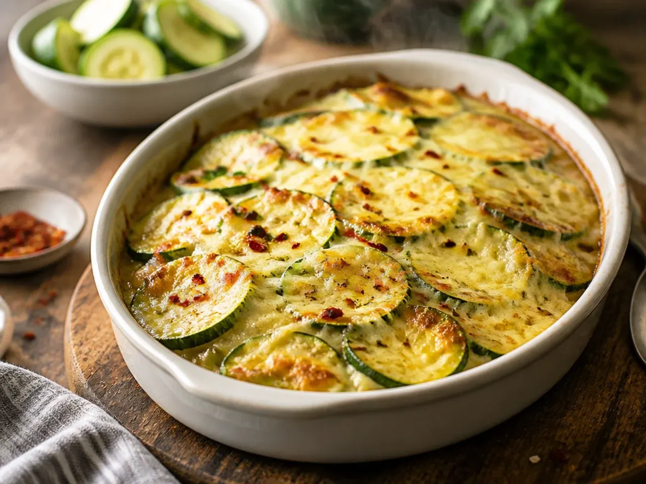 Simple five-ingredient zucchini casserole in a glass baking dish